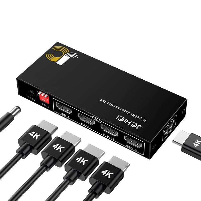 JCHICI HDMI Splitter 1 in 4 Out, HDM1 Switcher Splitter 4K@60Hz 4:4:4, HDMI Spliter for Dual Monitors, EDID Control, Compatible with Xbox PS4 Blu-Ray Player HDTV (1 Source onto 4 Displays) - Image 1